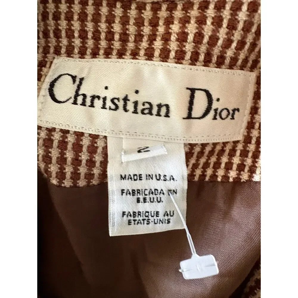 Christian Dior Vintage Cropped Houndstooth Blazer Made USA Rayon Wool Sz 2